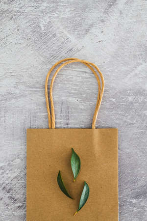 sustainable consumer choices for the environment, shopping bag and leaves on minimalist concreete...