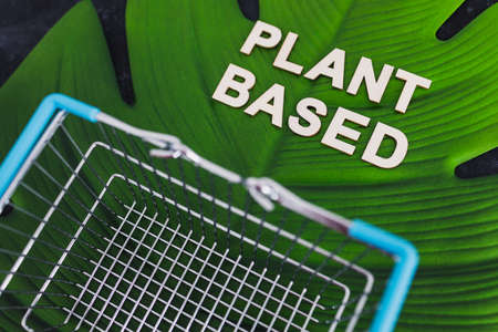 sustainable consumer choices for the environment, plant-based text with shopping cart on big...