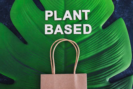 sustainable consumer choices for the environment, plant-based text with shopping bag on big tropical leaf on dark backgroundの写真素材