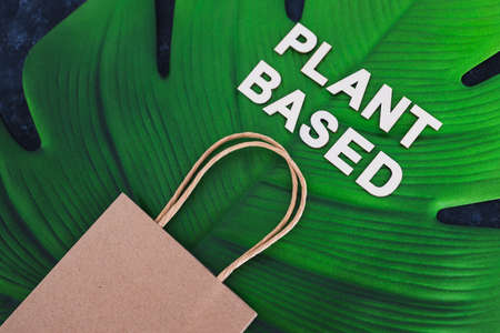 sustainable consumer choices for the environment, plant-based text with shopping bag on big tropical...