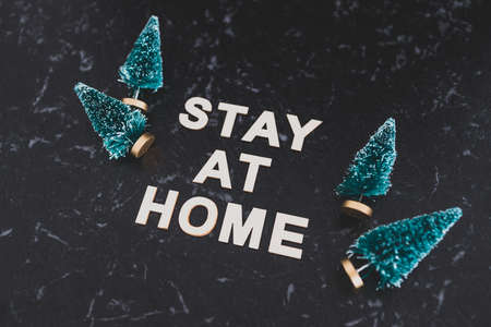 holidays in lockdown due to covid conceptual image, mini decorative Christmas tree pines with memo about staying at homeの写真素材