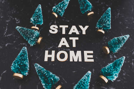 holidays in lockdown due to covid conceptual image, mini decorative Christmas tree pines with memo about staying at homeの写真素材