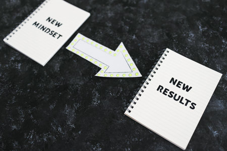law of attraction conceptual image, notepad with New Mindset New Results text with arrow icon