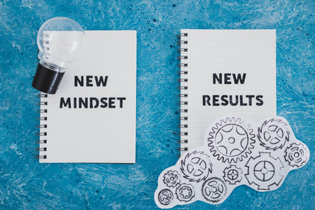 law of attraction conceptual image, notepad with New Mindset New Results text with light bulb and gearwheel mechanismの写真素材