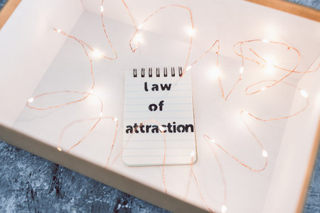 law of attraction and positive mindset conceptual image, box as metaphor of the mind with Law Of Attraction notepad surrounded by fairy lightsの写真素材