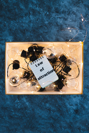 law of attraction and positive mindset conceptual image, box as metaphor of the mind with Law Of Attraction notepad on top of plenty of idea light bulbs surrounded by fairy lightsの写真素材