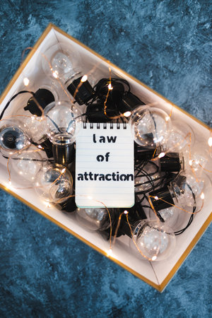 law of attraction and positive mindset conceptual image, box as metaphor of the mind with Law Of Attraction notepad on top of plenty of idea light bulbs surrounded by fairy lightsの写真素材
