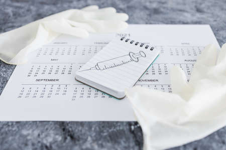 vaccine against the pandemic, 2021 calendar with syringe sketch on notepad and disposable gloves on...