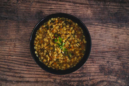 healthy plant-based food recipes, vegan pasta in broth with lentils and vegetablesの写真素材