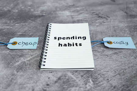 Cheap vs Costly prioduct price tags next to Spending Habits notepad, money and consumer behaviour conceptual imageの写真素材