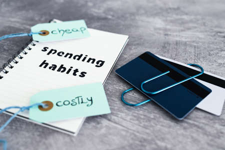 spending habits text on notepad with payment cards and Cheap vs Costly prioduct price tags next to it, money and consumer behaviour conceptual imageの写真素材
