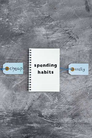 Cheap vs Costly prioduct price tags next to Spending Habits notepad, money and consumer behaviour conceptual imageの写真素材