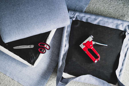 reupholstery process to renovate chair cushions with cool grey linen, diy and furniture flippingの写真素材
