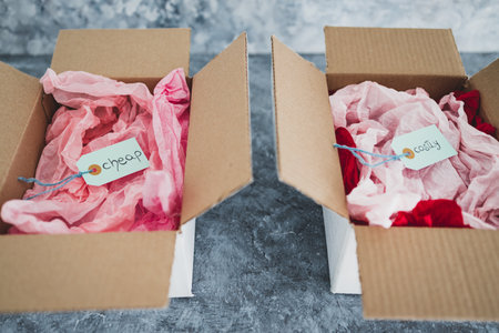 Cheap vs Costly product price tags in two delivery parcels next to each other symbol of options for...
