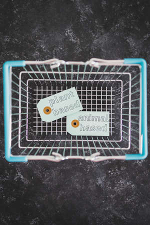 plant-based and animal-based product tags on top of grocery shopping basket, concept of healthy nutrition and ethical choicesの写真素材