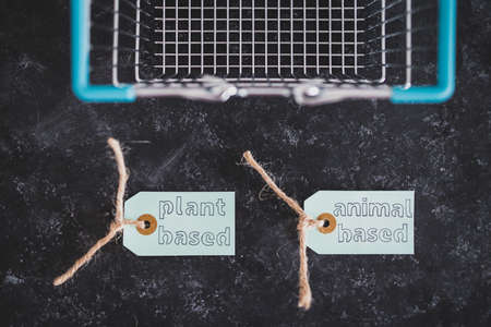 plant-based and animal-based product tags on top of grocery shopping basket, concept of healthy nutrition and ethical choicesの写真素材