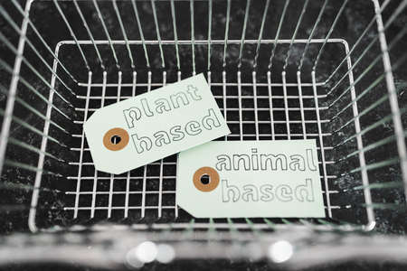 plant-based and animal-based product tags on top of grocery shopping basket, concept of healthy nutrition and ethical choicesの写真素材