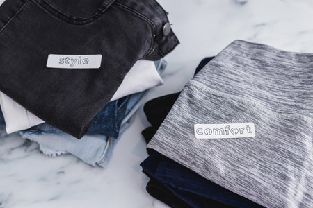 piles of jeans and pants being sorted into Style vs Comfort categories, concept of decluttering and...