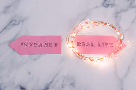 social media lifestyle concept, Internet and Real Life alternatives on signs pointing at opposite...