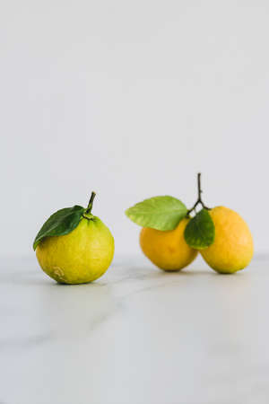 freshly picked lemons with leaves on white background shot at shallow depth of field, concept of...