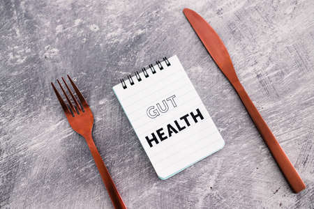 gut health text on notepads with fork and knife, concept of healthy nutrition and scientific researchの写真素材