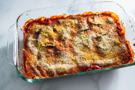 vegan eggplant parmigiana with homemade cashew cheese, healthy plant-based food recipesの写真素材
