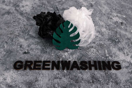 greenwashing and companies pretending to be sustainable conceptual image, paper leaf next to plastic waste with text underneathの写真素材