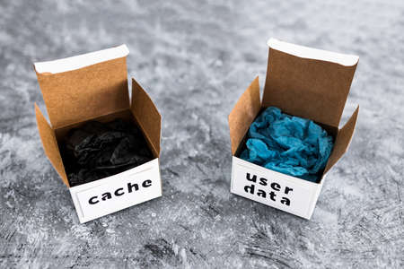 online privacy and stored information concept, metaphor of open boxes with User data and Cache...