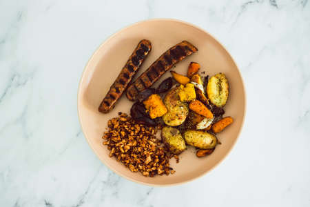 vegan sweet potato black beans sausages with bbq tofu and roasted potatoes and carrots, healthy...