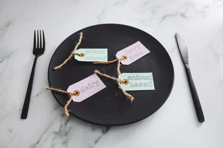 plant-based and animal-based labels next to dairy and dairy-free ones on top of black dining plate...