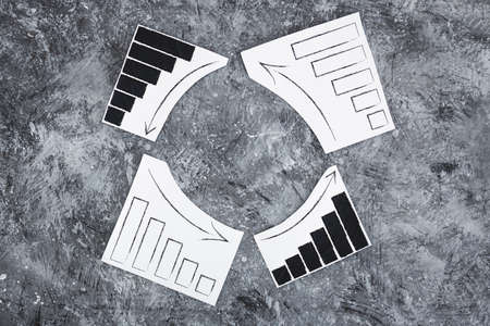 financial markets or money and investments conceptual image, charts showing upward and downward...