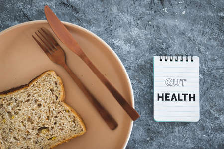gut health notepad next to wholegrain multiseeds slice of bread on dining plate with fork and knife, healthy nutrition and scientific research about the microbiomeの写真素材