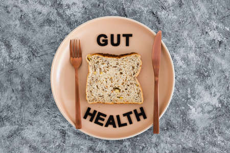 gut health text with wholegrain multiseeds slice of bread on dining plate with fork and knife, healthy nutrition and scientific research about the microbiomeの写真素材