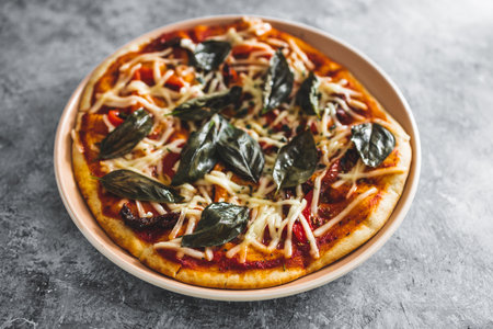 vegan margherita pizza with dairy-free cheese basil toppping and sundried tomatoes, healthy plant-based food recipesの写真素材