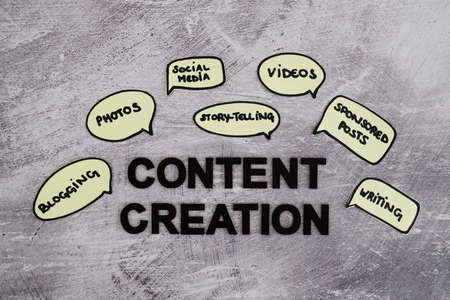 content creation and story-telling concept, text surrounded by comic bubble icons with different...