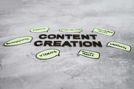 content creation and story-telling concept, text surrounded by comic bubble icons with different...