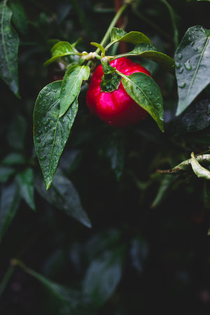 close-up of bell pepper plant with raindrops on its leaves shot in vegetable garden at shallow depth of fieldの写真素材
