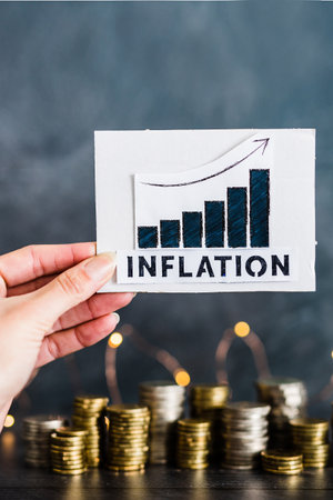 consumer prices increase and inflation going up conceptual image, graph with stats and text in front...