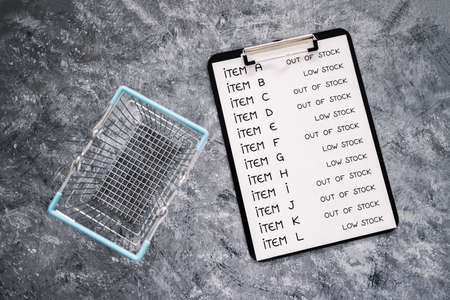 business inventory with every item being Low stock or out of stock next to empty shopping basket,...