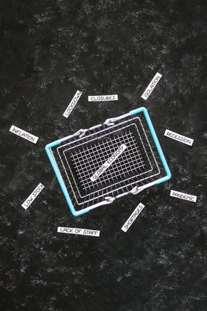 empty shopping basket with global economy text inside surrounded by post pandemic economical...