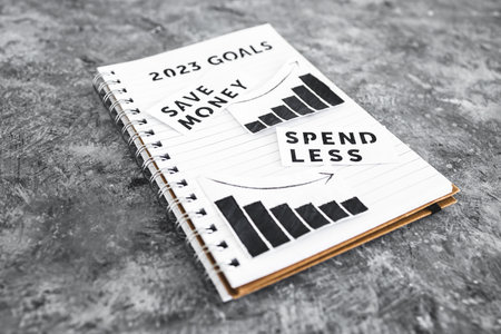 spend less and save money texs with graphs showing expenses going down and savings going up on 2023...