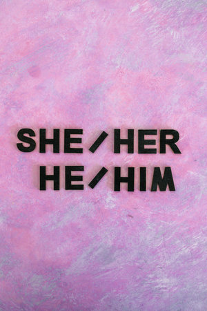 gender identity pronouns She Her and He Him, concept of respecting people's identity in societyの写真素材