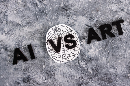 AI vs Art text with half human half robot brain, concept of Artificial Intelligence creating generative content based on art made by human authorsの写真素材