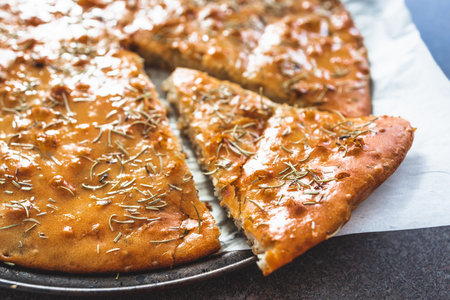 homemade rosemary focaccia bread, healthy vegan food recipesの写真素材