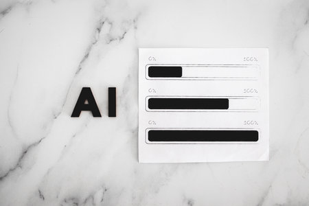 AI text made of wooden letters next to progress bar loading, concept of technology growing and improving (image NOT created with AI)の写真素材