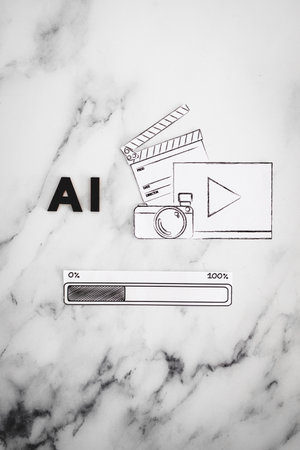 AI text made of wooden letters next to digital content icon and progress bar, concept of technology...