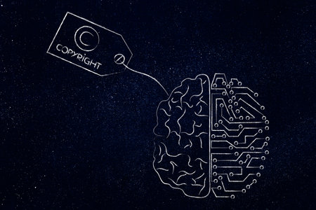 artificial intelligence and authorship conceptual illustration, half human brain with copyright tag...