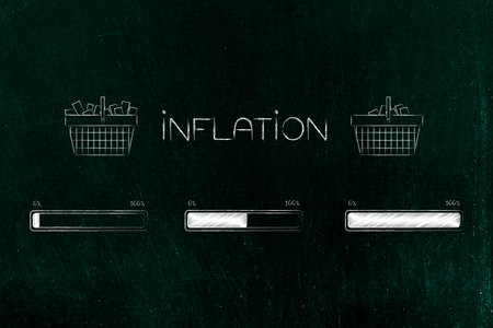 inflation and cost of living conceptual illustration, grocery shopping carts going from full to semi...