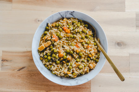 risotto with mixed vegetables, healthy vegan food recipesの写真素材