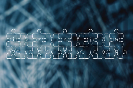 link between inflation and recession conceptual illustration, jigsaw puzzle with textの写真素材